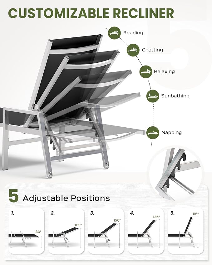 Vexwalx Patio Chaise Lounge Chair Outdoor with Wheels&Armrests, Aluminum Pool Lounge Chairs 5-Position Adjustable Recliner, Outdoor Beach Lounge Chairs for Poolside, Patio, Deck, Yard, Black