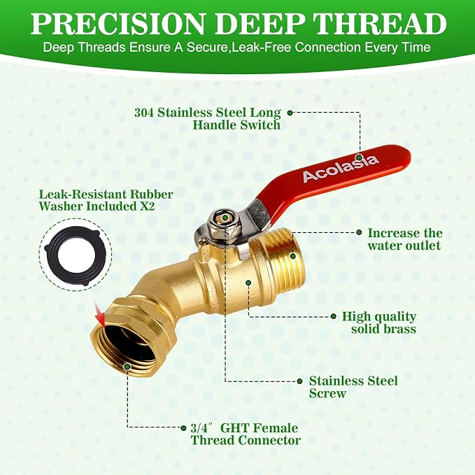 Brass Garden Hose Shut Off Valve with Full-Flow Design - Heavy Duty 3/4" GHT Connector, 304 Stainless Steel Handle