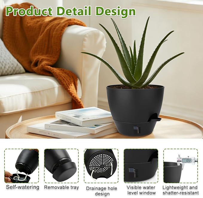 QRRICA Plant Pots 10/9/8/7.5/7 Inch Self Watering Pots, with Drainage Holes and Saucers,Water Level Indicator & Deep Reservoir,Large Plastic Planter for Indoor Out Door Plants (Pure Black)