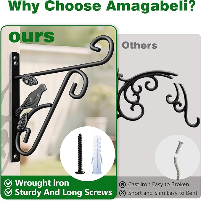 AMAGABELI GARDEN & HOME 2 Pack Hanging Plant Hanger Outdoor 10 inch Metal Hanging Brackets Fence Wall Hooks for Flower Baskets Bird Feeders Lanterns Wind Chimes Rust-Resistant Black