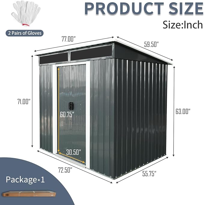 6FT x 5FT Outdoor Storage Shed, Heavy Duty Galvanized Steel Garden Shed with Sloped Roof, Sliding Lockable Doors, Punched Vents & Foundation Kit, Weather Resistant Tool Shed for Backyard, Black+White