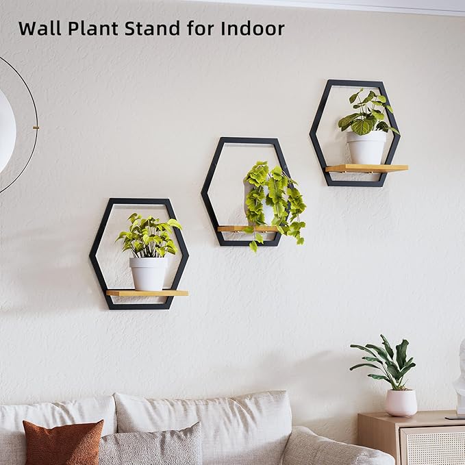 3 Pack Solid Wood & Heavy Duty Metal Wall Plant Stands,9 inch Natural Wood Shelf, Boho Arch Hanging Planter for Indoor 25 LB Load for Plants Black