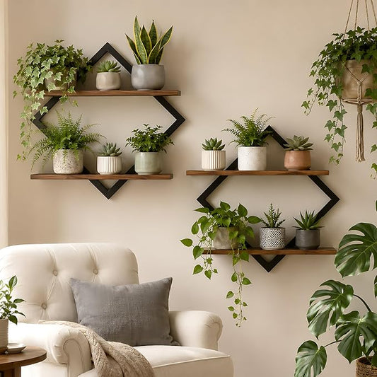 2 Pack Floating Wall Shelves Plant Holders, Brown | For Indoor Plants, Wall Mounted Plant Stand, For Small Plants, Multi-Room Use