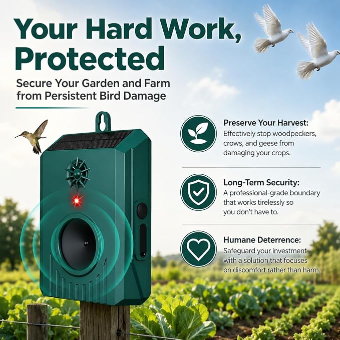 2Pack Solar Ultrasonic Bird Repellent Outdoor, Woodpecker Deterrent&Weatherproof Pigeon Bird Deterrents for Outside,Birds Repeller Scare Devices,Keep Birds Away Balcony,Yard,Farm,Orchard