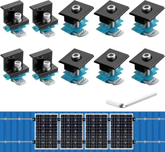Anbte 10 PCS Solar Panel Mounting Brackets for Unistrut, Aluminium 30mm 6 x T-Shaped Mid Clamps + 4 x End Clamps, Solar Panel Mounting Kit for Metal, Tin, Flat, Sheet Roofs, RV, Black