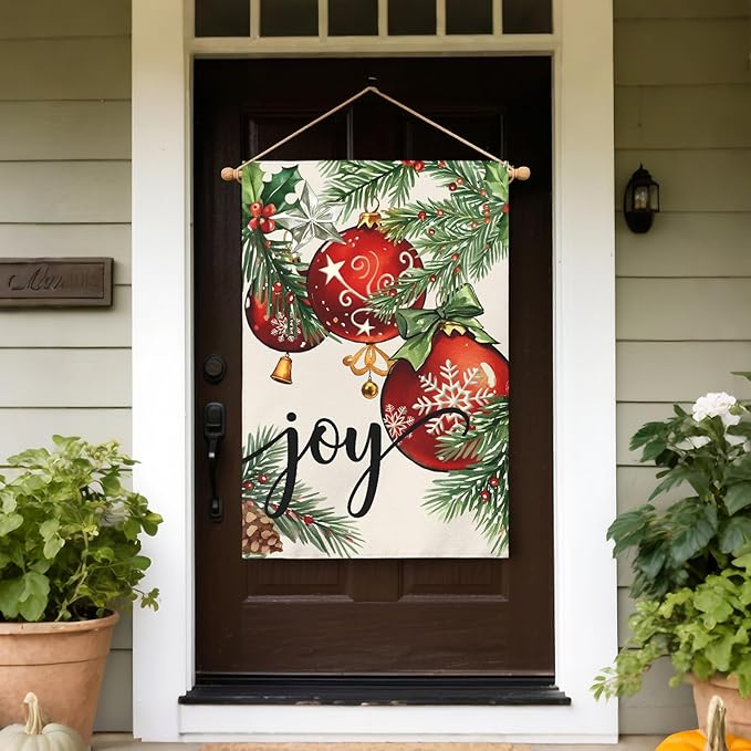 Christmas House Flag 28x40 Inch Green Leaves Red Xmas Ball Joy Holiday Winter Decorative Garden Flags for Outside Double Sided Seasonal Outdoor Home Farmhouse Decoration Porch Yard New Year Decor