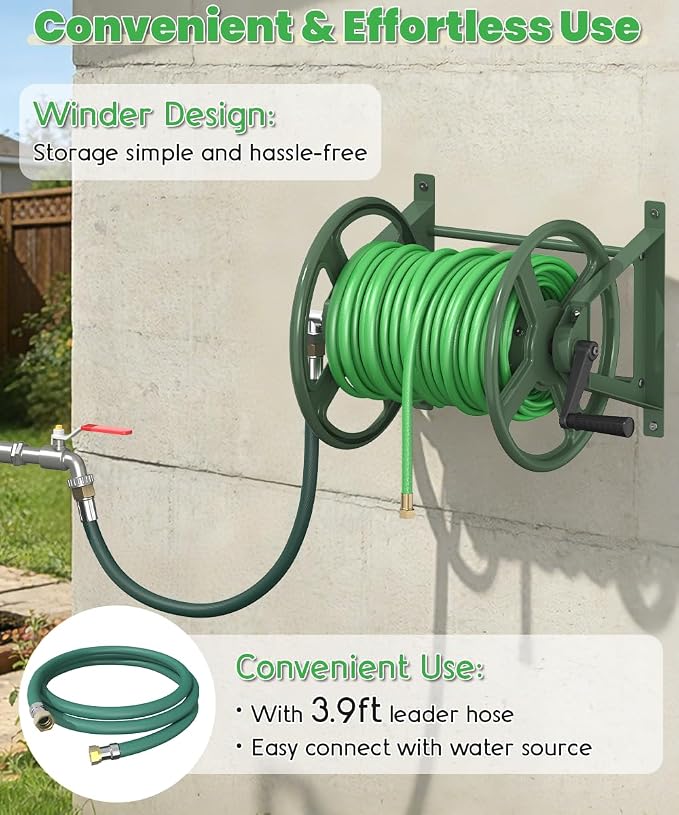 Garden Hose Reel Wall Mounted, Heavy-Duty Water Hose Holder Winder with 3.9 ft Leader Hose & Brass Fitting, Hose Hanger Storage Rack Holds 125-Feet of, 5/8-Inch, for Yard Lawn Farm, Green