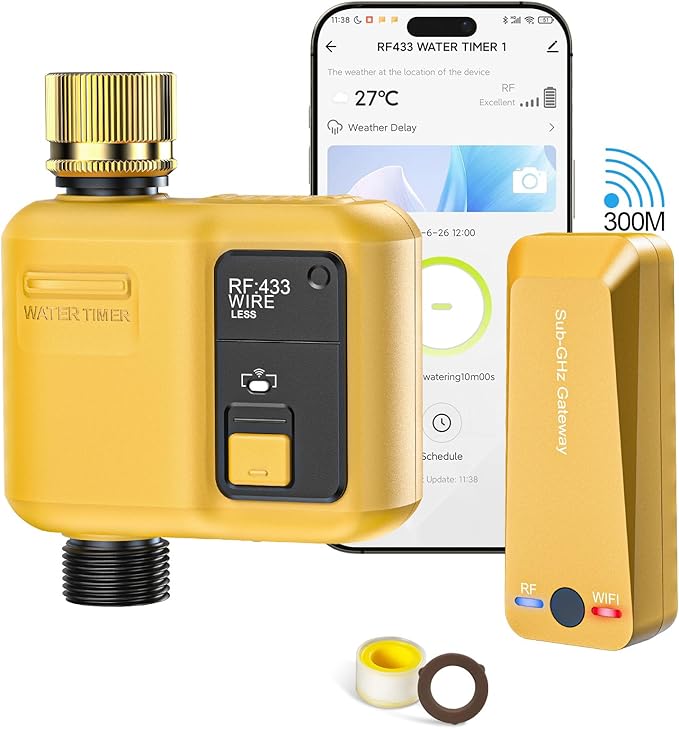 WiFi Water Timer 1 Zone for Garden Hose, Smart Sprinkler Timer with 984ft RF Range, Smart Lawn Watering System Irrigation Controller, APP/Voice Control, Rain Delay, Automatic/Manual Irrigation