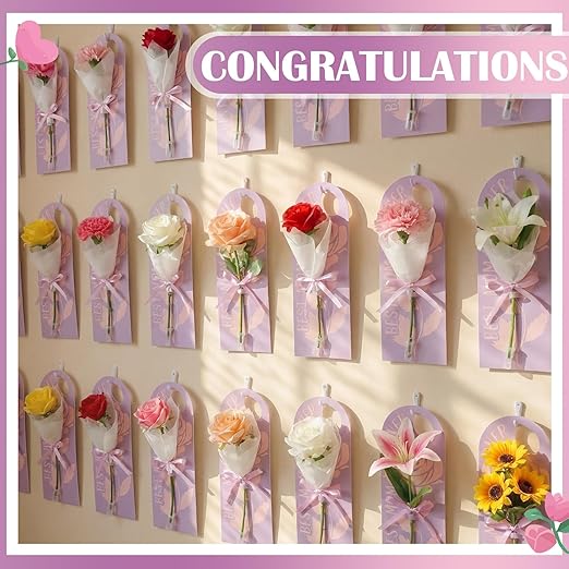 Eaasty 96 Set Mother's Day Themed Single Carnation Card Sleeve Gift Packaging Flower Holder with Floral Water Tubes Ribbon and Tissue Paper for Flower Packing