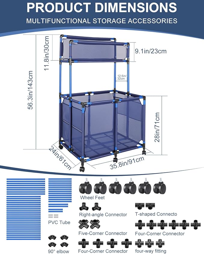 Pool Storage Bin Cart with Noodle Holder, Rolling Pool Storage Organizer Top Shelf Nylon Mesh Basket for Goggles, Floats, Balls and Floats Equipment