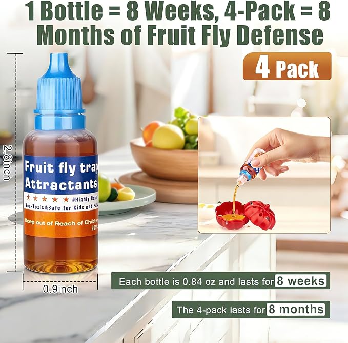 Fruit Fly Trap Refill Liquid, Effective Gnat Killer&Fruit Fly Catcher Bait Refill, Long-Lasting Fruit Scented Ants Attractant for Kitchen Bathroom Living Room Use, Safe Near Food (4 Pack)
