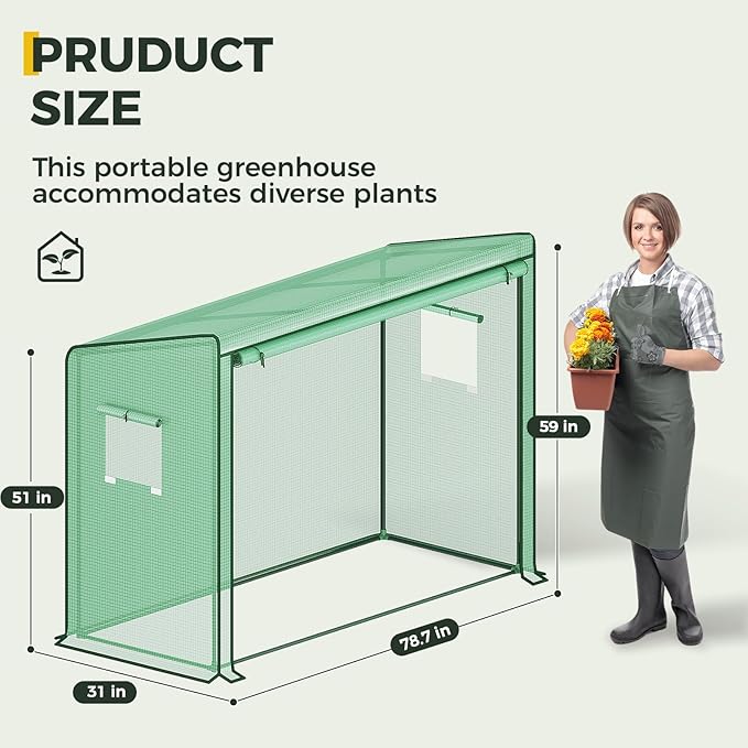 Gentingbro Greenhouse for Outdoors Portable Lean to Green House Heavy Duty with Roll-Up Zippered Door Tall Plastic Greenhouses for Outside Plants Growing Shed Tent for Backyard 79 x 31 x 59-Inch