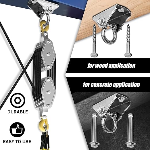 YATOINTO Rope Hoist Pulley System, 4400LB Block and Tackle Pulley System, 8:1 Lifting Power 65ft, Pulley Block for Lifting Loading Pulling with 1 Swing Hanger 2 Screws 2 Expansion Bolts