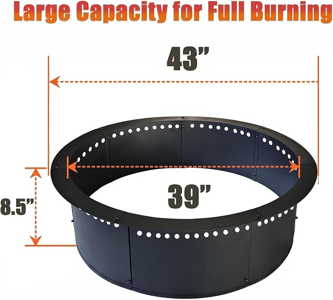 SoulMate Outdoor 43-Inch Outer/39-Inch Inner Fire Pit Ring Smokeless,Duty Solid Metal Steel Round Firepit Rim Insert for DIY Fire Pits, Outdoor Above or In-Ground, Camping Garden Patio Backyard.
