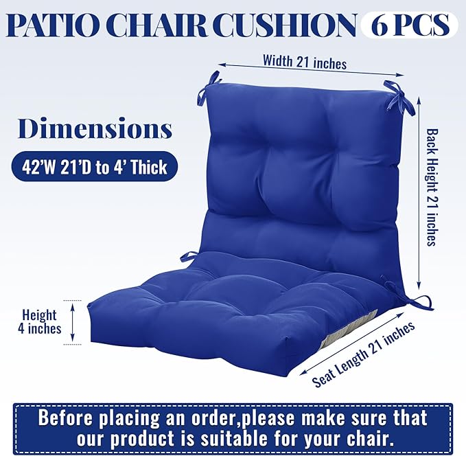 Marsui 6 Pcs Outdoor Indoor High Back Chair Cushions Patio Furniture Tufted Pillow with Ties Water-Resistant Replacement Outdoor Rocking Chair Cushions, 42 x 21 Inches (Navy Blue,Solid Color)