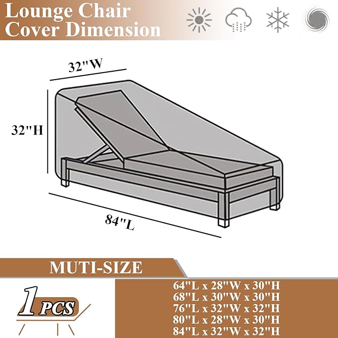 Outdoor Chaise Lounge Covers - Patio Chaise Lounge Covers Waterproof Heavy Duty Outdoor Lounge Chair Covers Patio Furniture Covers, 84"L x 32"W x 32"H/Black