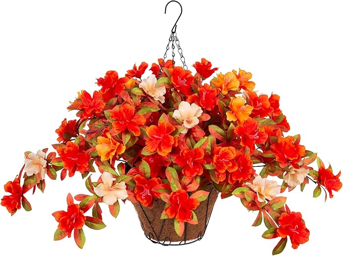 Ammyoo Fall Flowers with Hanging Basket Artificial for Decoration, Fake Silk Rhododendron Flowers for Outdoors, UV Resistant No Fade Floral for Home Garden Balcony Porch Patio Wedding Party Decor