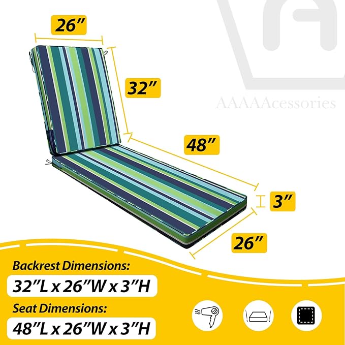 AAAAAcessories Outdoor Chaise Lounge Cushions, Fade-Resistant, Waterproof Patio Furniture Replacement Cushions, 80" x 26" x 3", Set of 2, Stormy Teal Coastal Stripe