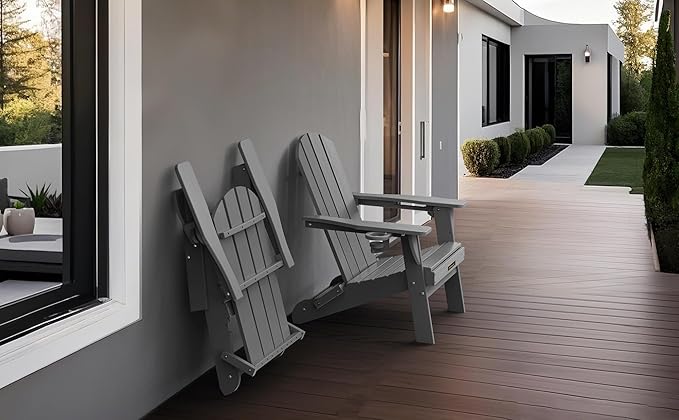 Folding Adirondack Chair Set of 6, Wooden Textured Plastic Adirondack Chairs with 2 Cup Holder, Weather Resistant HDPE Fire Pit Chair, Outdoor Patio Chairs for Garden, Backyard, Lawn, Deck, Grey