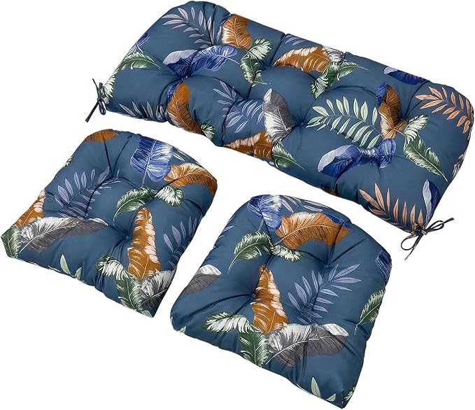 Wicker Chair Cushions Set, 2 U-Shaped Cushions & 1 Loveseat, Waterproof Outdoor Loveseat Cushion for Patio Furniture, Settee Bench Pad All Weather,BlueLeaf