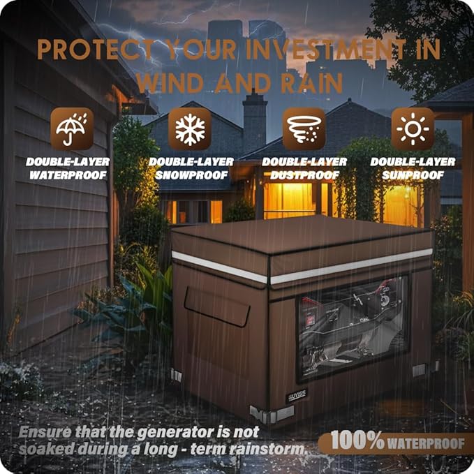 Running Generator Cover. 32"L×24"W×24"H Generator Cover, Top Can Be Opened for Refueling, 900D+210D Heavy Duty Waterproof, PVC Transparent Visual Operation Window, Coffee