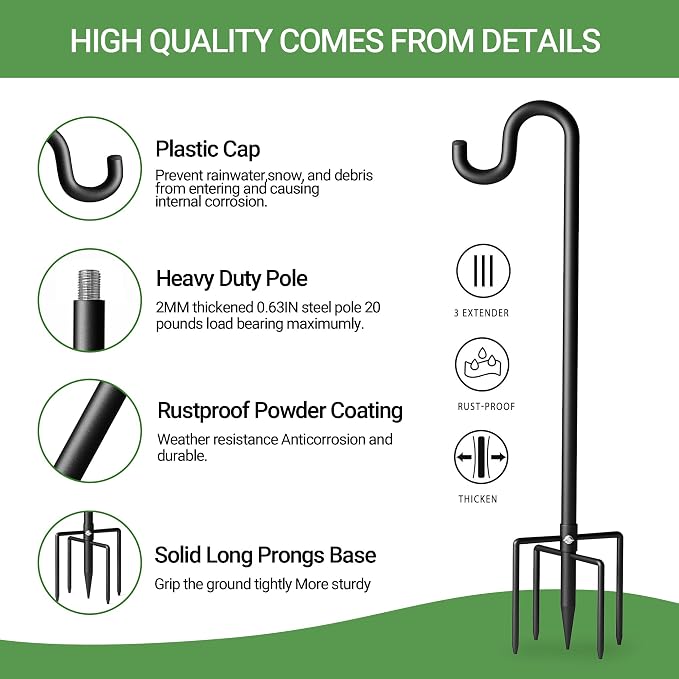 108" Shepherds Hooks for Outdoor, Extra Thick Bird Feeder Pole with 5 Prong Base, Adjustable Shepards Hook for Garden, Weddings, Hanging Plant