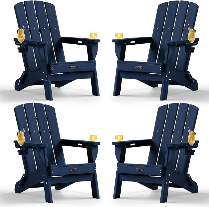 Folding Adirondack Chair Set of 4, HDPE Adirondack Chairs with 2 Cup Holder, Plastic All-Weather Fire Pit Chairs, Outdoor Lawn Chair for Patio Garden (Tibetan Blue)