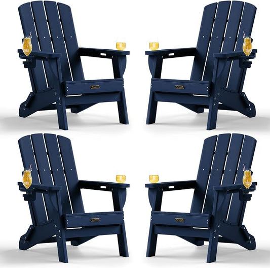 Folding Adirondack Chair Set of 4, HDPE Adirondack Chairs with 2 Cup Holder, Plastic All-Weather Fire Pit Chairs, Outdoor Lawn Chair for Patio Garden (Tibetan Blue)