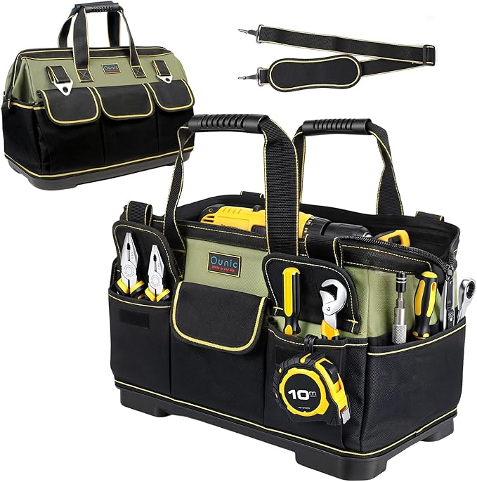 Tool Bag, Ounic 20 Inch Large Tool Tote Bag Heavy Duty With Waterproof Molded Base, Wide Mouth Tool Box Organizer with Adjustable Shoulder Strap for Electrician Mechanic Craftsman Plumbers(Green)