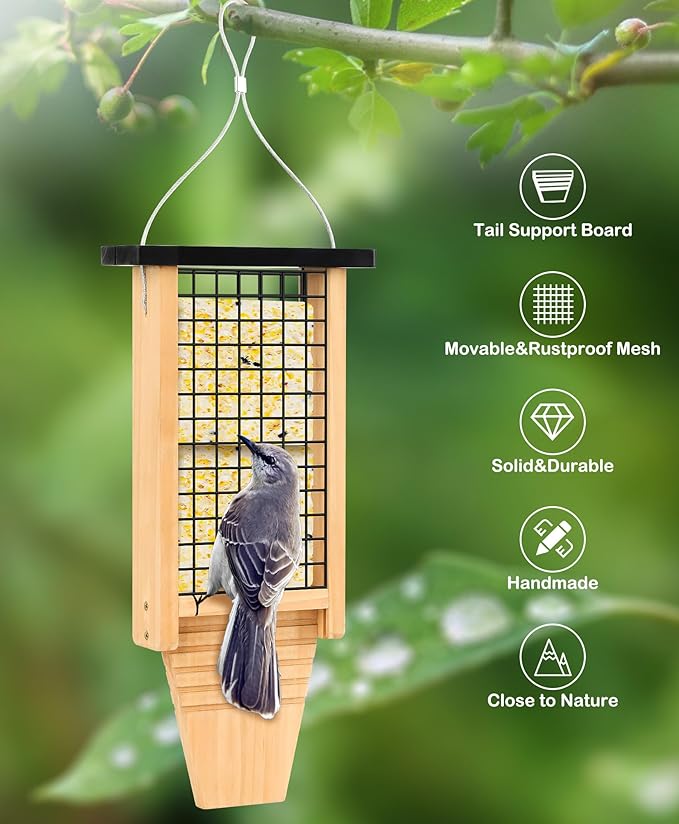 Gbekery Wooden Suet Bird Feeder for Outside Hanging, Large Woodpecker Suet Feeder with Tail Prop, Double Suet Cakes Hanging Bird Feeder for Wild Birds, 1 Pack, Black