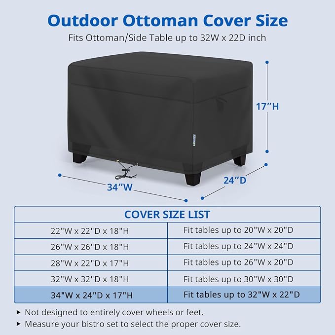 SunPatio Outdoor Ottoman Cover, Waterproof Rectangle Coffee Table Cover, Patio Furniture Covers Side Table Cover, All Weather Protection, 34W x 24D x 17H, Black