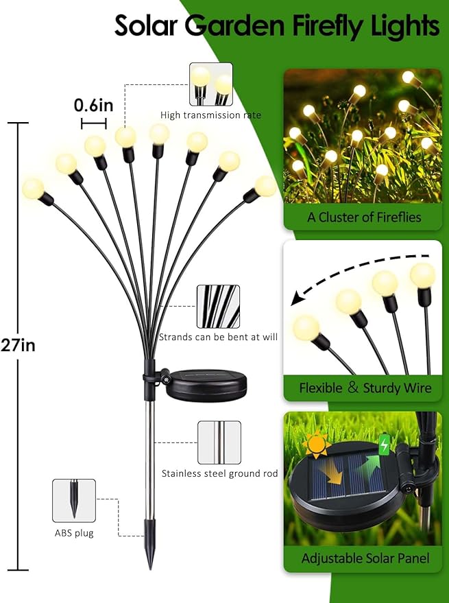 2026 Upgraded Solar Lights Outdoor, 6 Pack Solar Garden Lights with 2 Modes, Firefly Lights Outdoor Waterproof, Sway by Wind, Twinkle Firefly Light for Yard Patio Path Garden Decoration (Warm White)