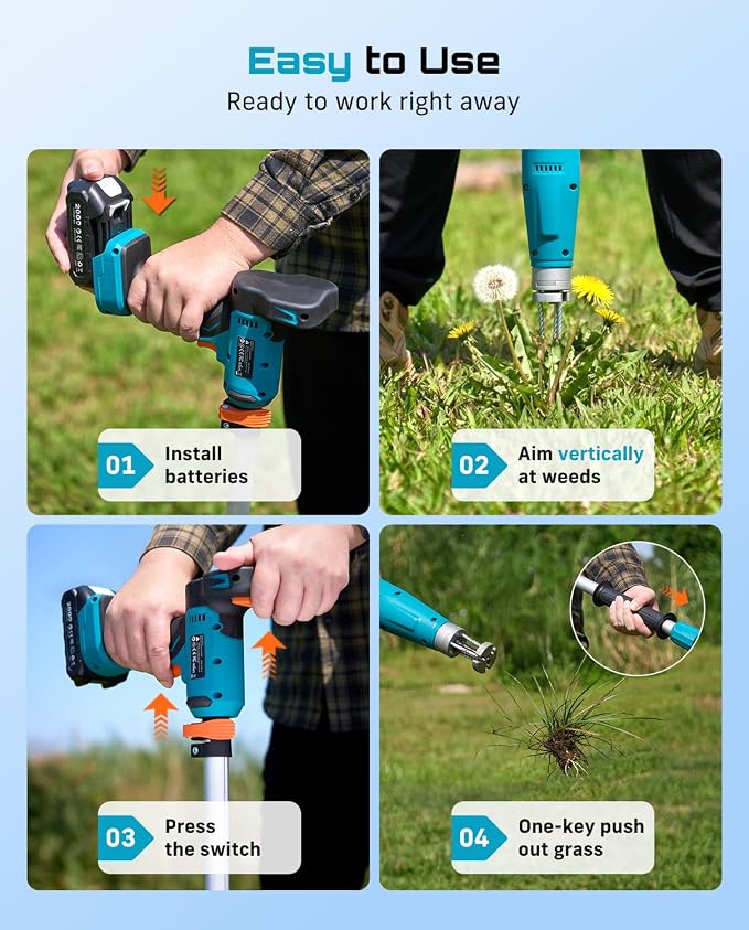 SEESII Stand-Up Weed Puller Tool with 40"-47" Adjustable Handle, High-Power 3-Claw Stainless Steel Spiral, 4S Deep Root Removal, One-Button Eject, Dandelion Remover & Crabgrass Puller for Garden