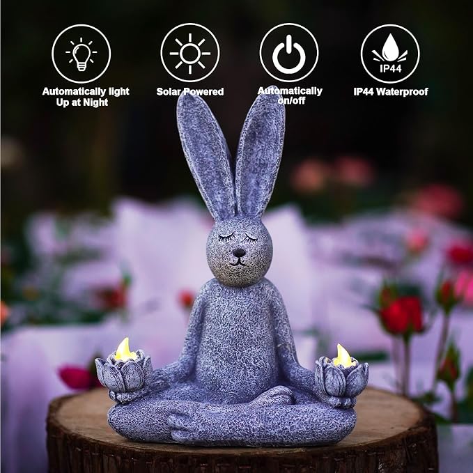 Goodeco Zen Rabbit Statue with Solar Lotus - Garden Yoga Bunny | sitting meditating rabbit serene resin figurine for patio, yard, lawn ornaments, home or outside