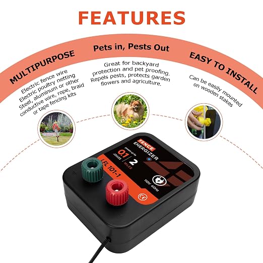 Electric Fence Charger, 2 Mile 8 Acres Electric Fence Energizer, 0.1 Joule Ac Powered Output Voltage 5100v, for Preventing Wild Animals Intruding Great for Poultry, Pets and Gardens
