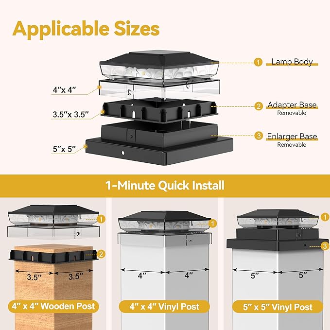 KEILAIMO Solar Post Cap Lights, 12-Pack Upgraded Outdoor Deck Fence Post Solar Lights for 4x4 5x5 Wood/Vinyl Posts, IP65 Waterproof, 10-12 Hours Warm White Glow for Garden/Patio/Porch - Black