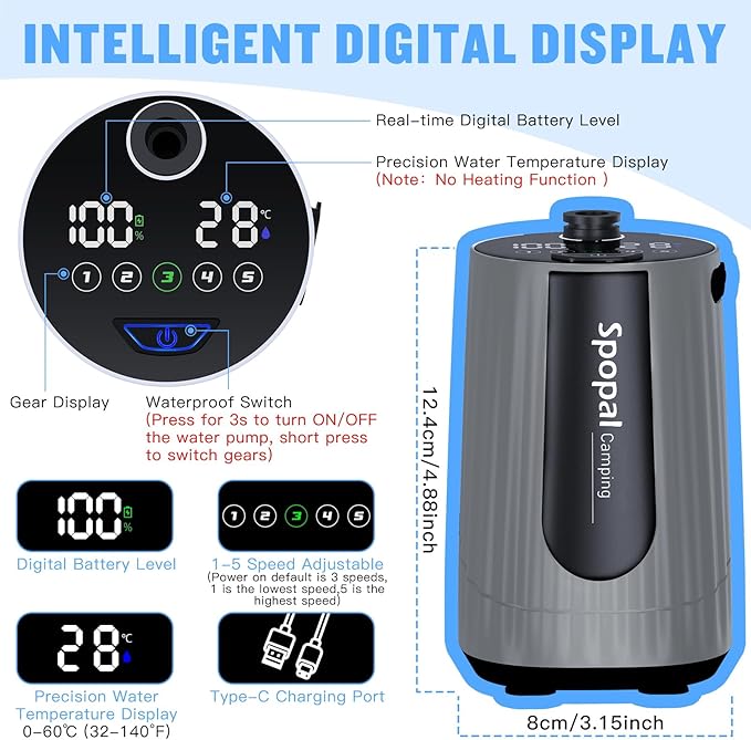 Spopal Portable Shower for Camping, [Upgraded] 10000mAh Rechargeable Camping Shower with 5 Adjustable Speeds,Premium LED Display, IPX8 Waterproof Outdoor Shower Kit for Hiking, Car, Pet, Travel