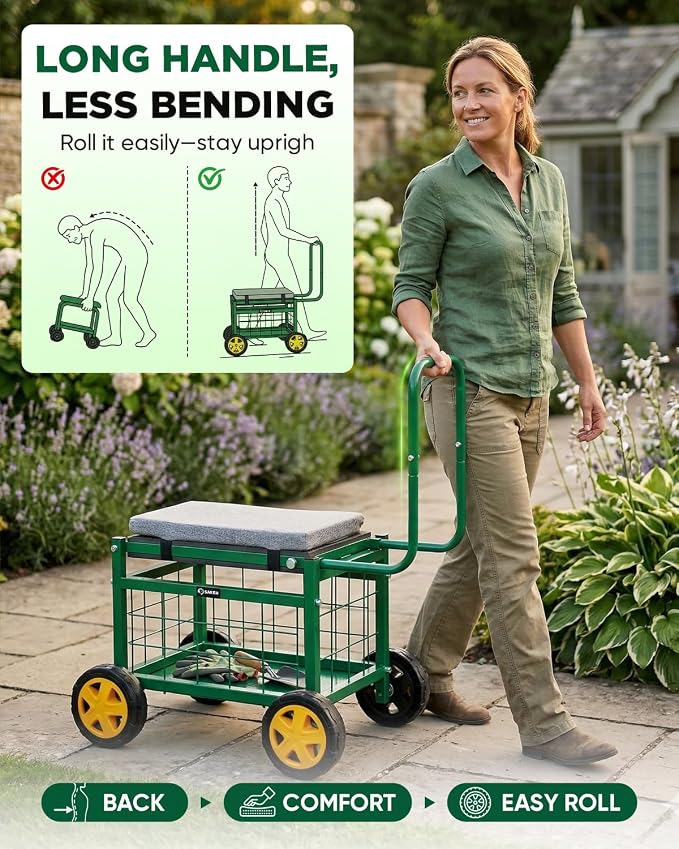 Saker Rolling Garden Cart with Seat & Wheels - 15.7'' EVA Padded Rolling Stool, 500 lb Steel Frame, Large Storage Basket - Garden Wagon Workseat for Patio Lawn Yard (Luxury Version)
