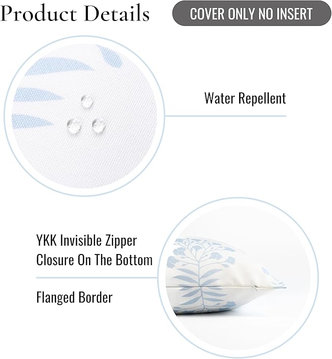 Hofdeco Premium Coastal Patio Indoor Outdoor Lumbar Pillow Cover Only, 12"x20" Water Repellent for Backyard, Couch, Baby Blue Print Floral