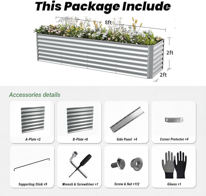 8x2x2FT Galvanized Raised Garden Beds Outdoor,Planter Raised Beds for Gardening, Vegetables, Flowers,Large Metal Garden Box,Deep Plant Flower pots Outdoor (Galvanized, 1Pack)