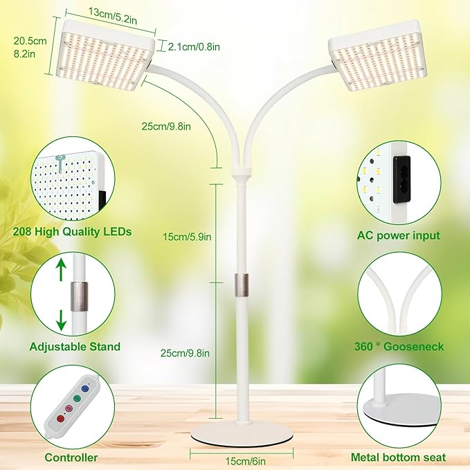 2Head Tabletop Grow Light, Bright and Big Coverage Grow Lights for Seed Starting, Bonsai, Succulent, 4/8/12/16/20H Timer, 50 Watt Power Draw, NO Need Adapter, 16"-24" Height Adjustable