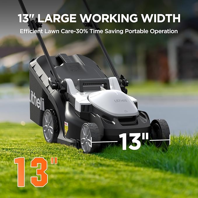Litheli Electric Lawn Mower Cordless,Grass Cutter Machine for 1600 Sq.Ft.Lawnmower with Brushless Motor,13.5In Cutting Width,8 Gallon Capacity,Cutting Height from 1 to 2.5 in, with 1 4.0 Ah Battery