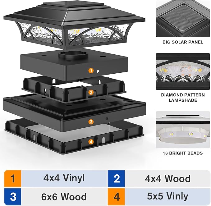 APONUO Solar Post Cap Lights 12 Pack - 4x4 5x5 6x6 Fence Post Lights, Auto On/Off, Waterproof IP64, 2-Mode (Warm/Cool White), Deck Patio Yard Solar Light for Wood & Vinyl Posts, Black