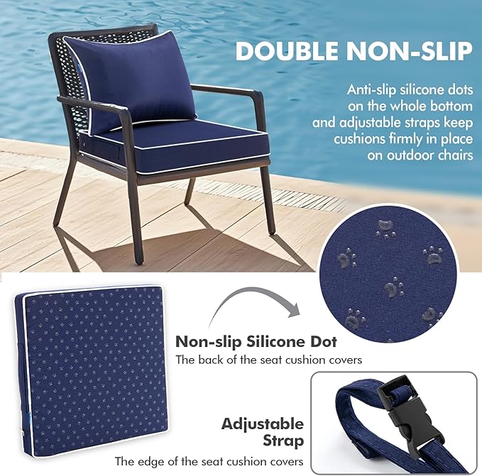 MIULEE Navy Outdoor Seat Cushion 22x24 Inch Waterproof & 3 Year Fade Resistant Deep Seat and Back Cushion for Patio Furniture Chair Sofa Couch with Handle and Adjustable Straps