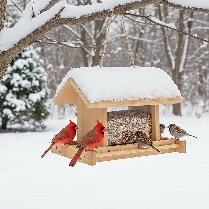 Hanging Wooden Bird Feeder Outdoor Large Capacity Wooden Bird Feeder for Feed Outdoor Garden Wildbirds Wings Robin Sparrow Blue Bird (Light Wood Color, Flat Side Panel)
