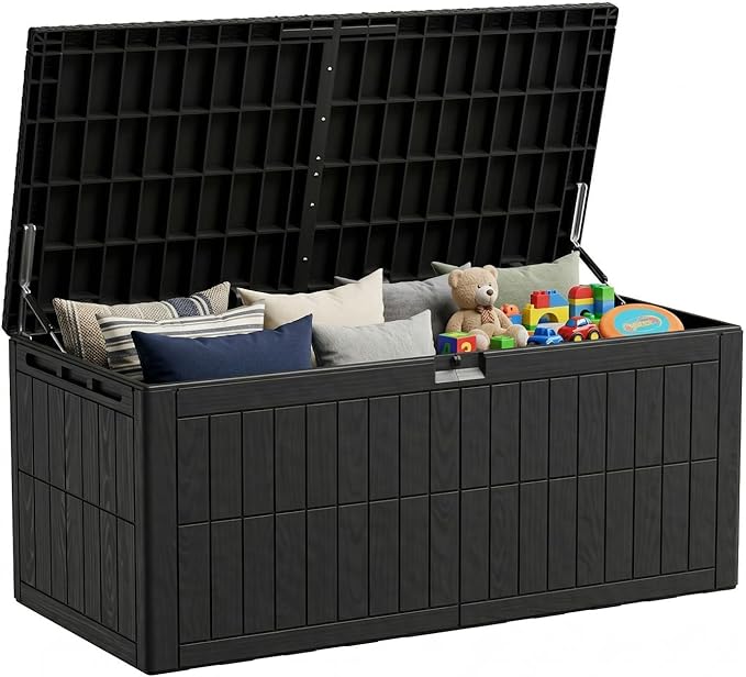 220 Gallon Outdoor Storage Box, Waterproof Lockable Resin Deck Box for Patio Furniture Cushions, Garden Tools, Pool Supplies, Extra Large Patio Storage Chest with Double Wall Design, Black