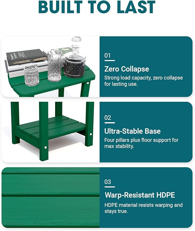 THOEOE Adirondack Outdoor Side Table, 2-Tier Sturdy Patio End Table Weather Resistant, Morden Side Table for Patio, Pool, Porch, Green