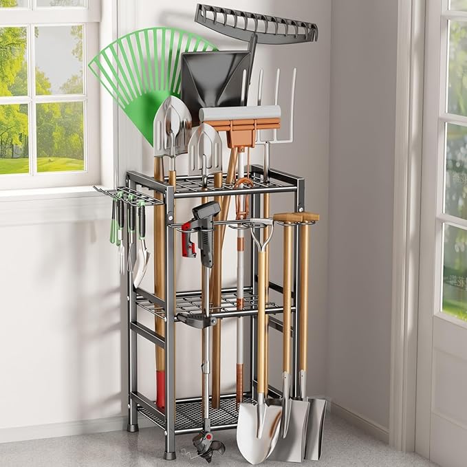 CICUFY Garden Tool Organizer Storage Metal Yard Tool Organizer Heavy Duty Garden Tool Rack Stand with Extra Hooks, Up To 35 Long Handled Shovels/Rakes/Brooms Holder for Garage,Shed,Outdoor(Black)