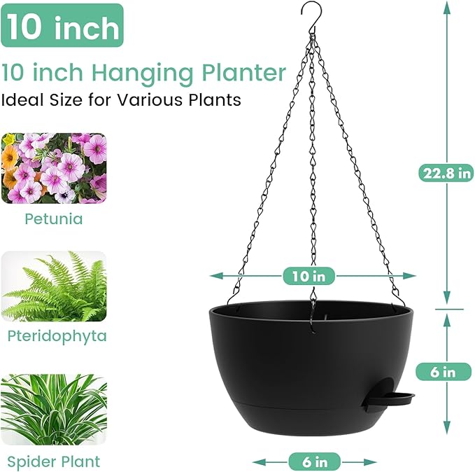 UOUZ Set of 3-10 Inch Self Watering Hanging Planters for Indoor & Outdoor，Hanging Plant Pots with Drainage & Removable Tray, Hanging Pots Holder for Ivy, Spider Plants, Ferns, Balcony & Patio, Black