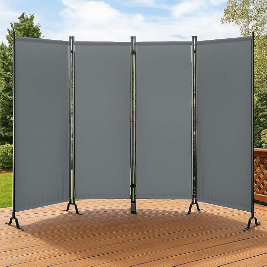 Proman Products - Galaxy 4 Panel Section Privacy Folding Screen Divider, Water Repellent Fabric Room Divider with Black Powder Coated Metal Frame for Indoors or Outdoors (Gray)